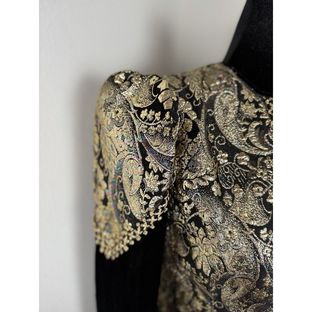 Jessica McClintock Vintage Black Velvet Gold Brocade Dress 12 Prairie Victorian - Picture 10 of 16